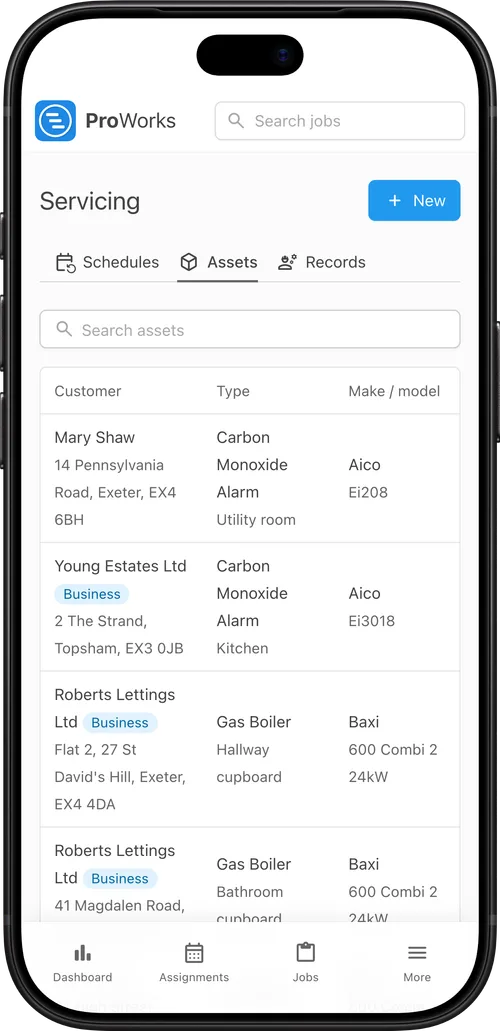 Assets recorded in ProWorks on a phone
