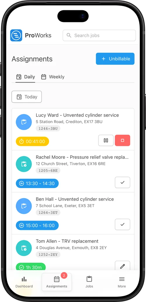 An engineer's day in ProWorks on a phone, with the job timer running