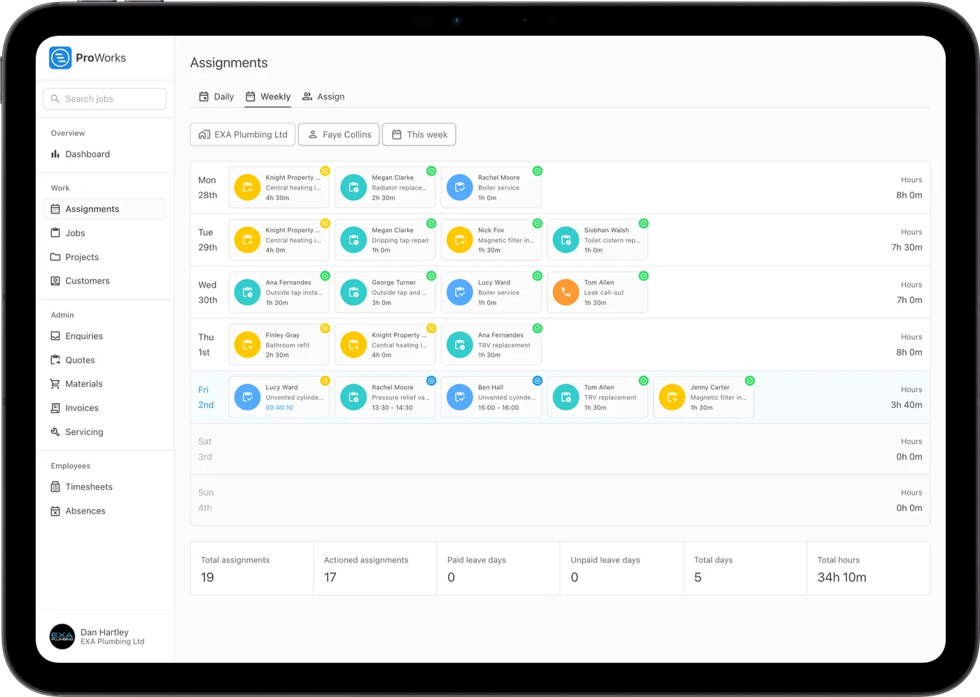 An engineer's week of bookings in ProWorks
