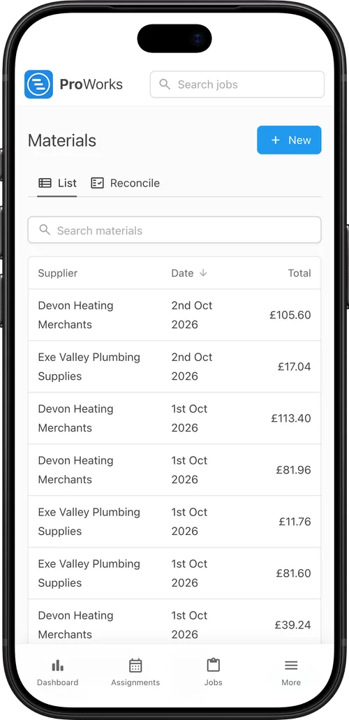 Supplier invoices logged in ProWorks on a phone