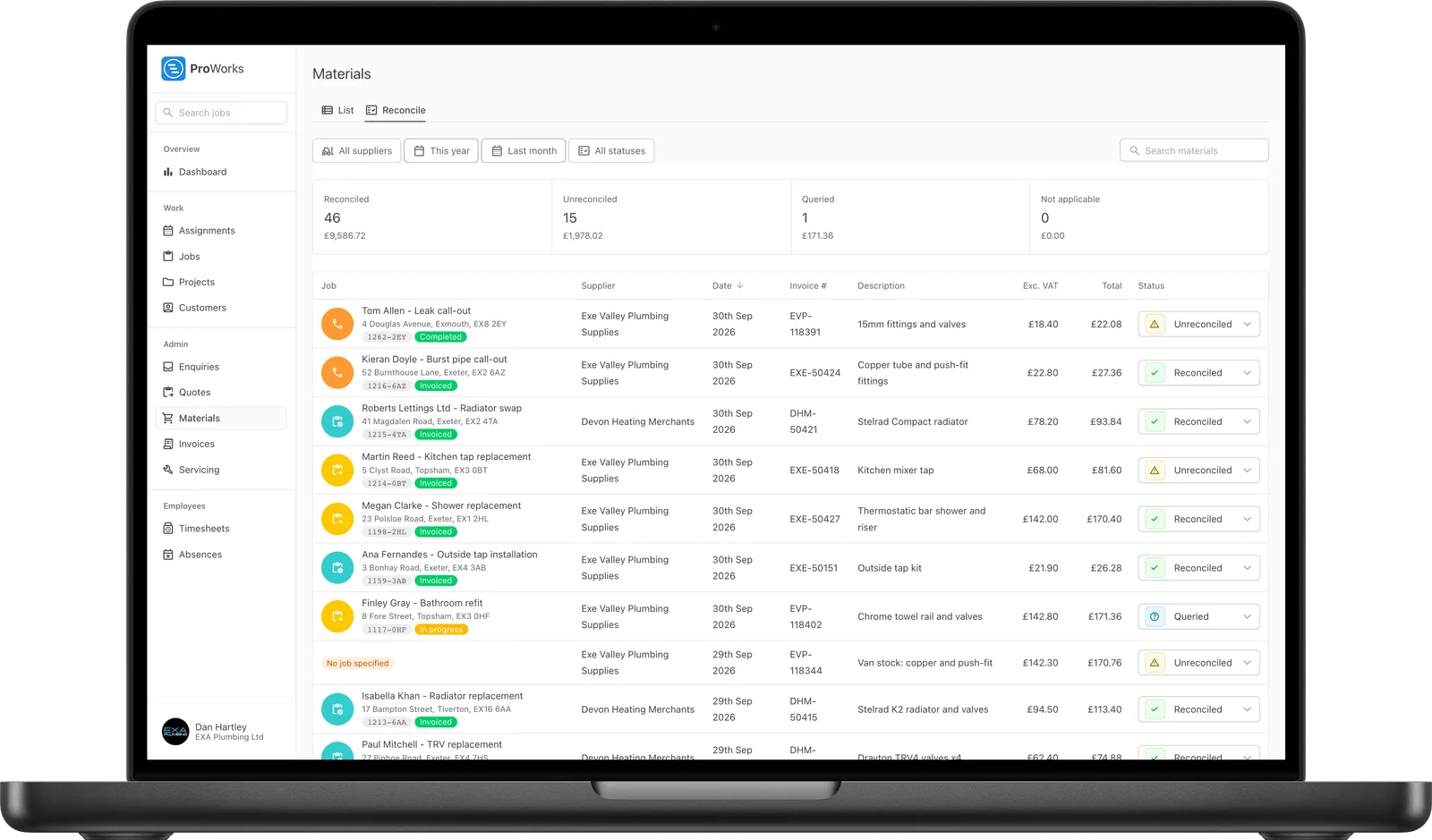 Reconciling supplier invoices in ProWorks