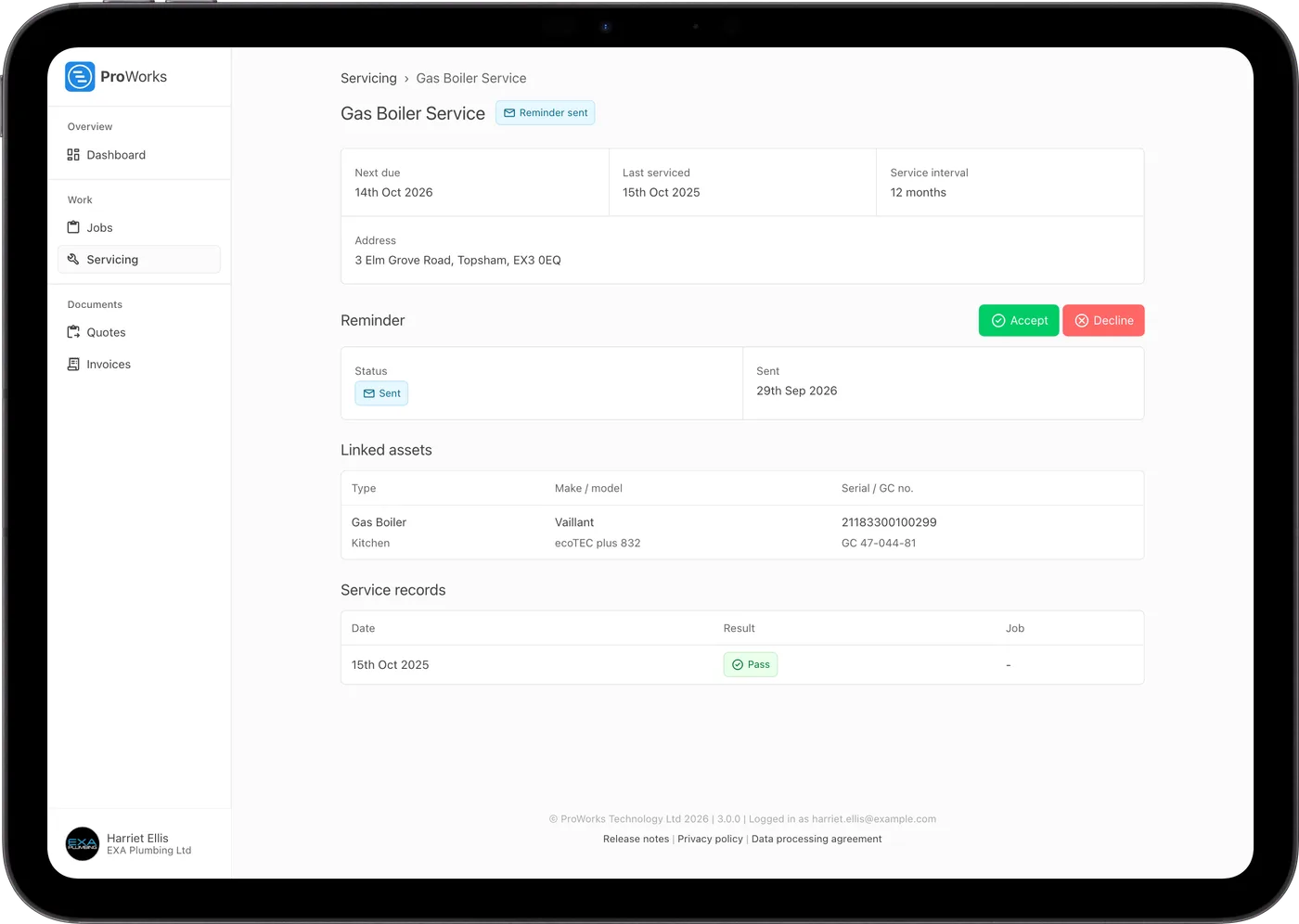 A boiler service schedule in the customer portal, with the reminder ready to accept