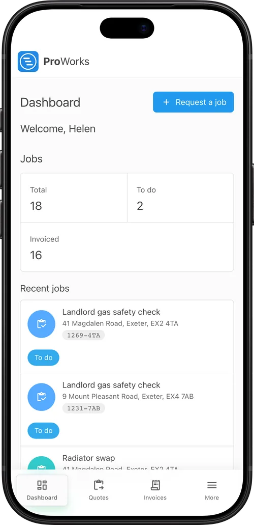 The customer portal on a phone, with the Request a job button