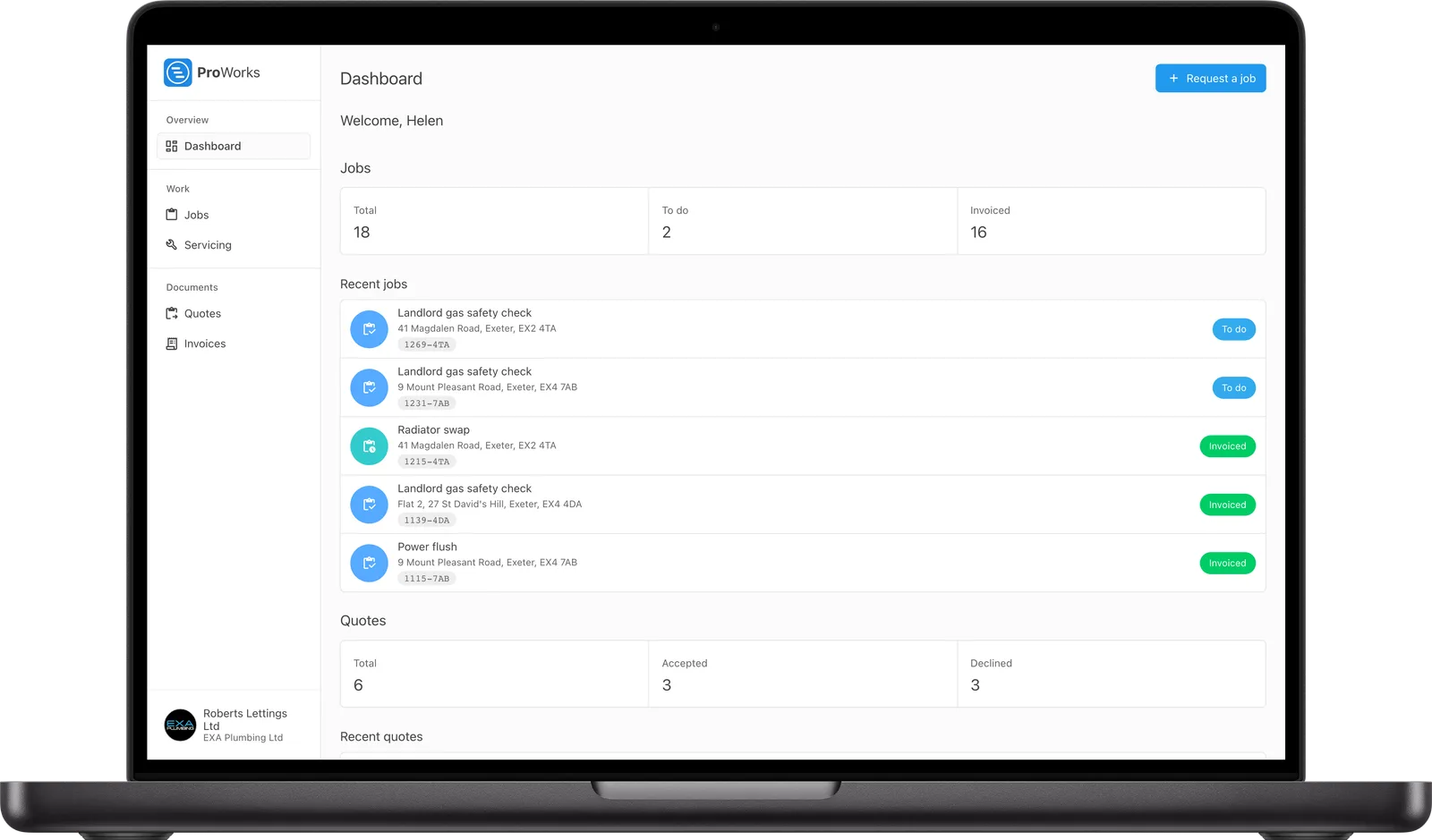 A customer's dashboard in the ProWorks customer portal