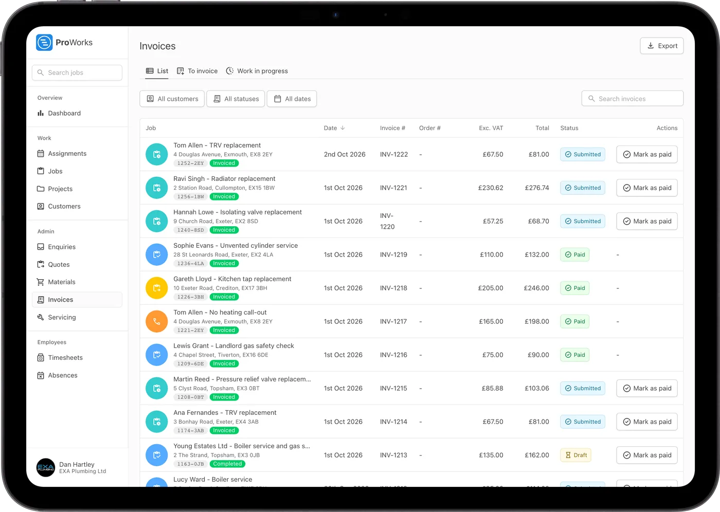 The ProWorks invoices list with totals and statuses