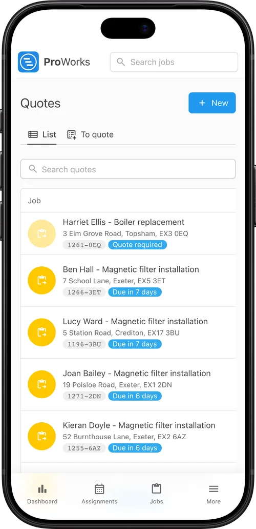 The ProWorks quotes list on a phone