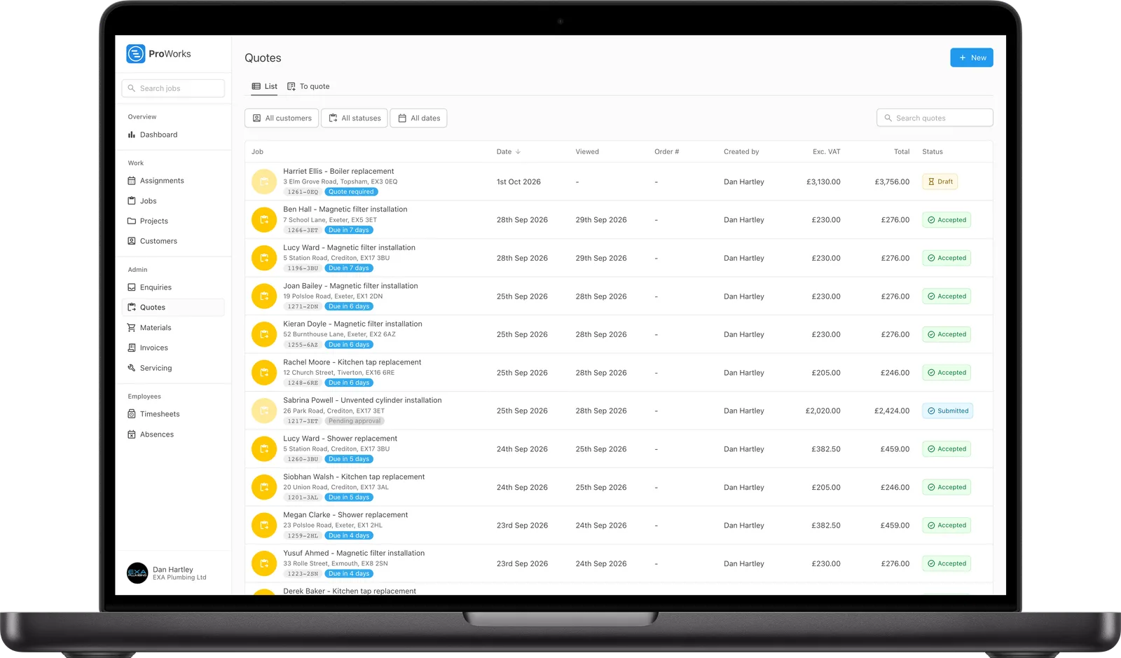 The ProWorks quotes list with accepted and submitted quotes