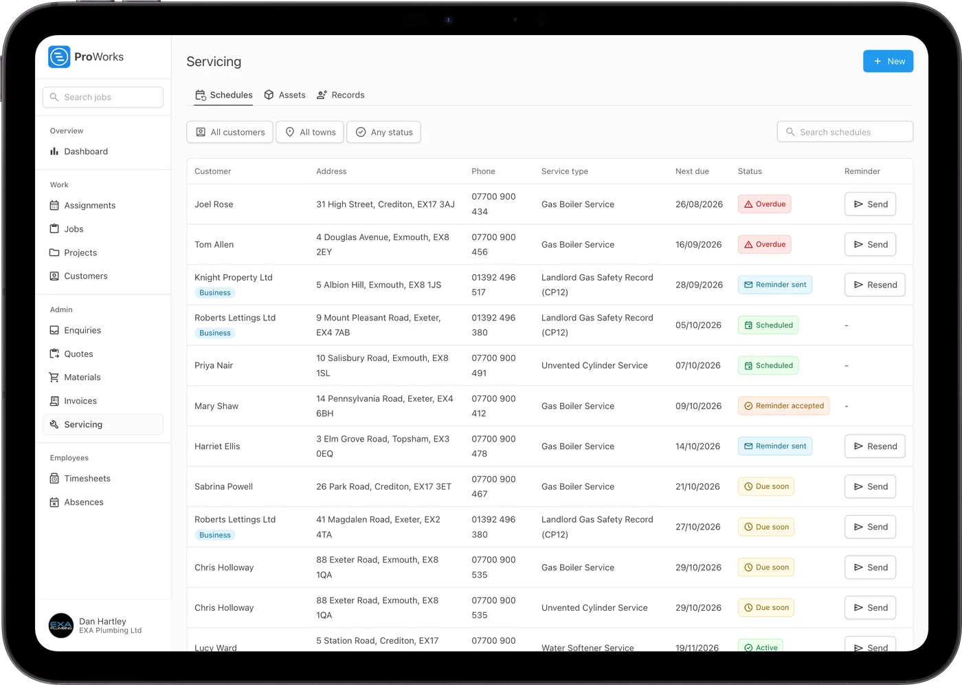 Service schedules and their next due dates in ProWorks