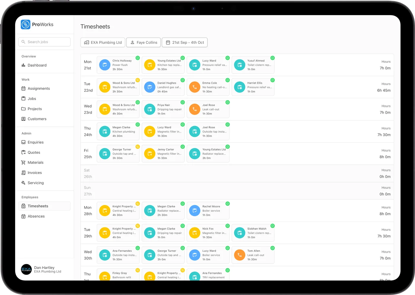 An engineer's timesheet for the pay period in ProWorks