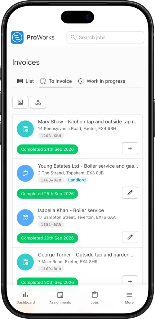 Finished jobs ready to invoice in ProWorks on a phone