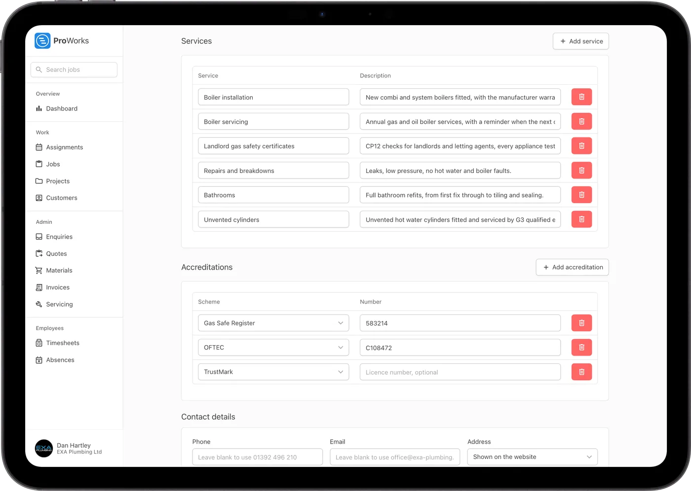 The website settings in ProWorks, with services and accreditations filled in