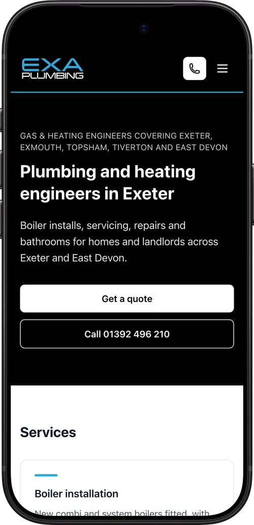 The same website on a phone, with the call button in the header