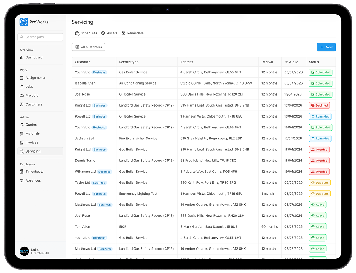 ProWorks servicing schedule management on tablet