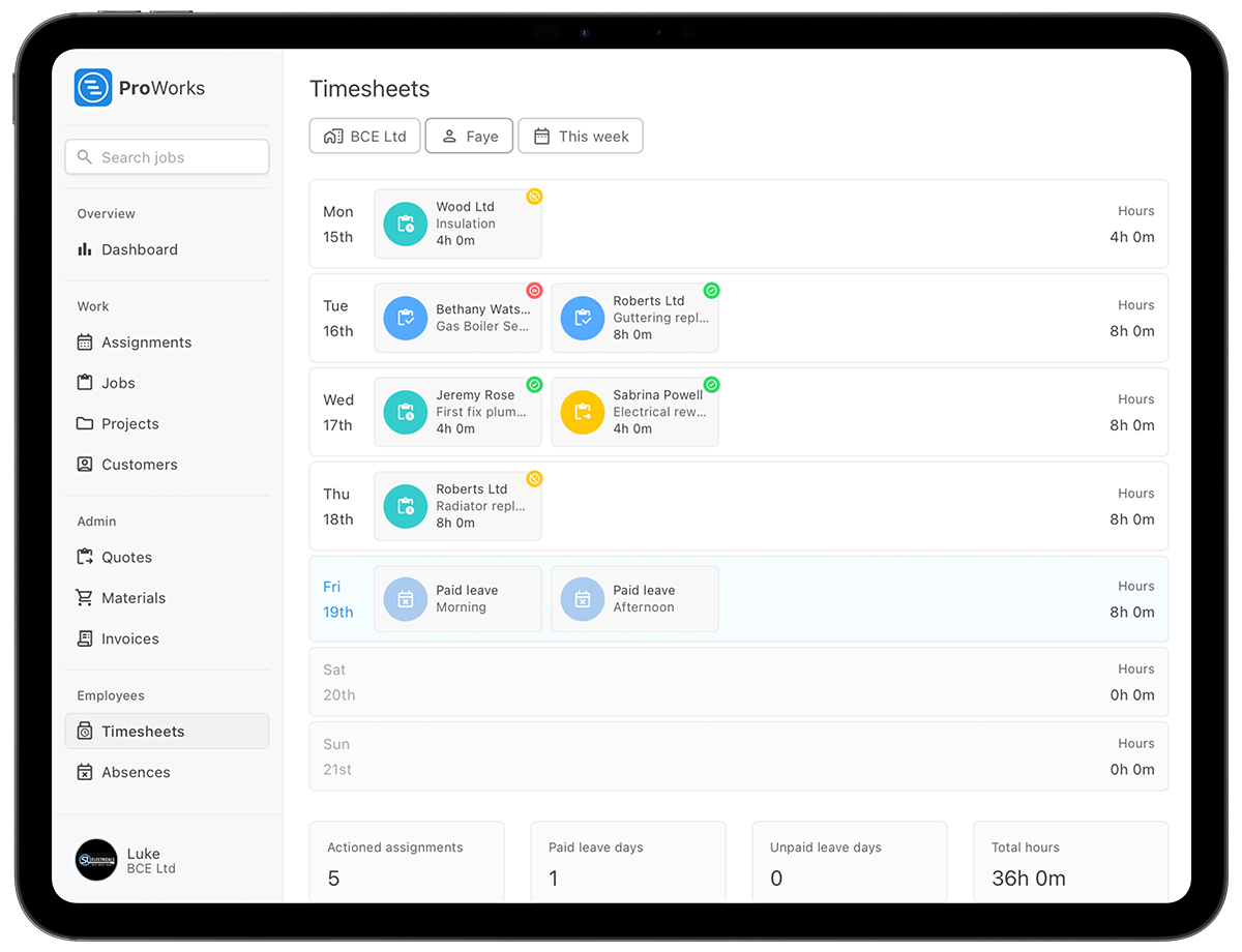 ProWorks timesheets interface
